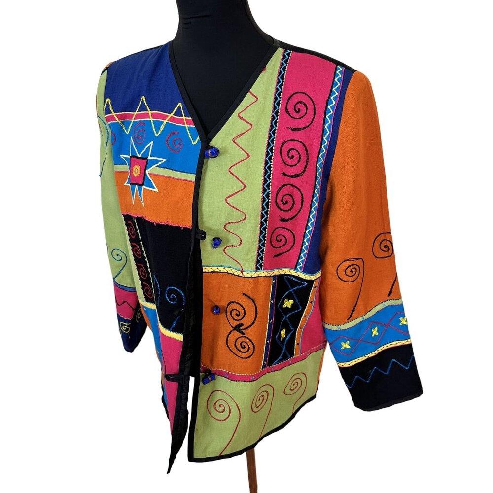 Womens Colorful Geometric Patchwork Jacket Button Up V Neck Long Sleeves Small